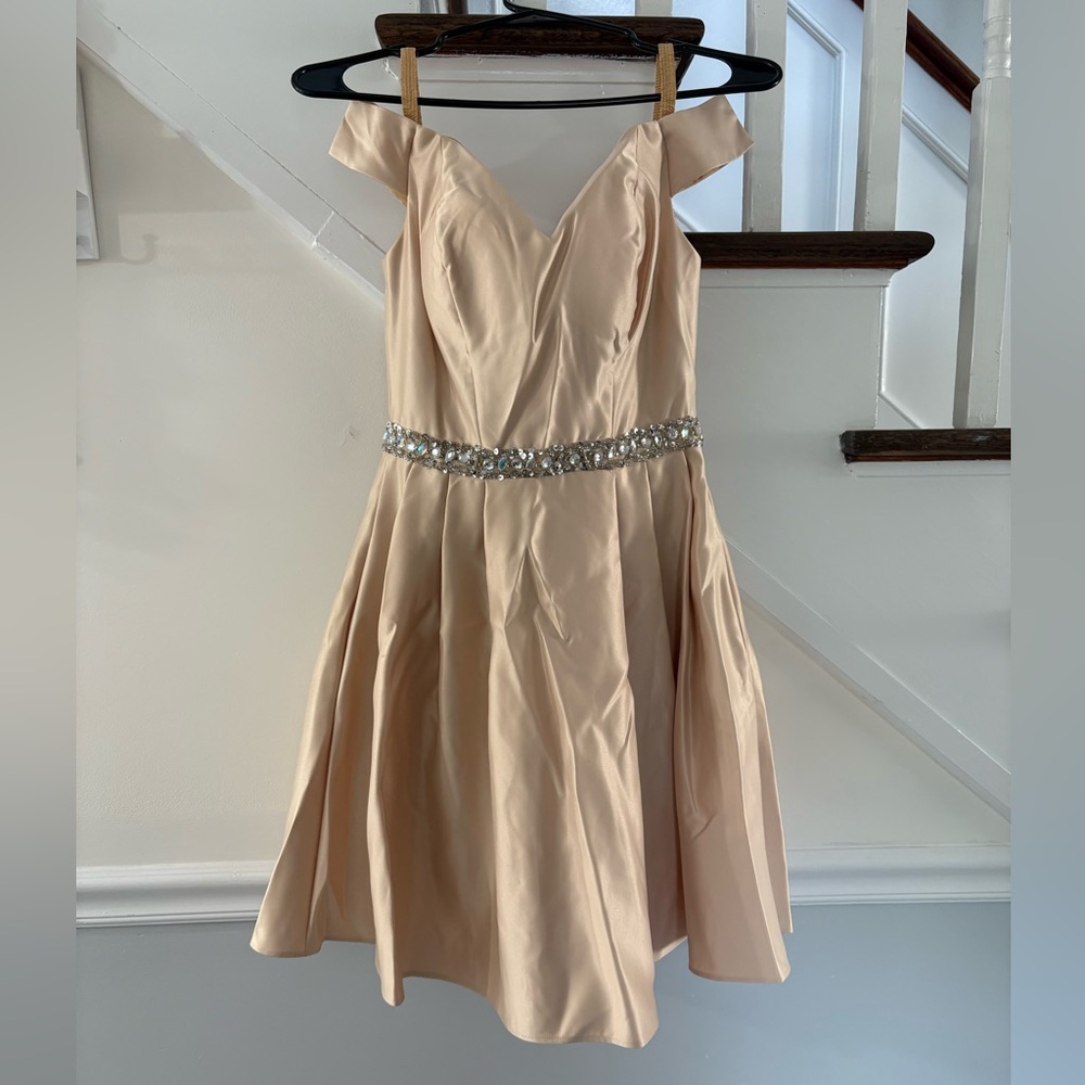 Elegant Off-Shoulder Tan Dress with Embellished Waist